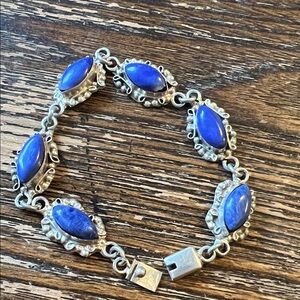 Vintage Sterling Silver stamped blue Lapis Gemstone filigree bracelet 7.75”